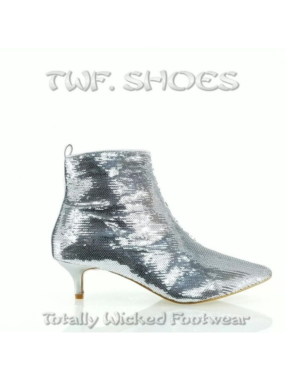 Size 8 Silver Sequin Kitten Heels Ankle Boots